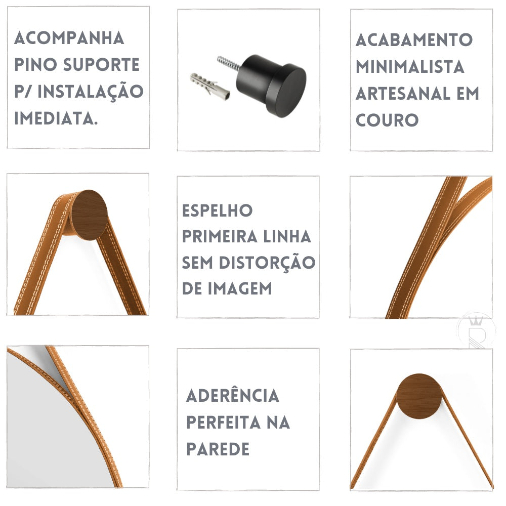Espelho Moderno para Lavabo Alça em Couro 60cm com Suporte - Adnet