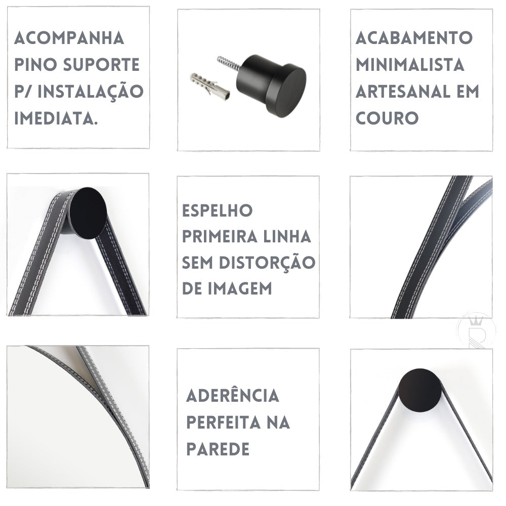 Espelho Moderno para Lavabo Alça em Couro 60cm com Suporte - Adnet