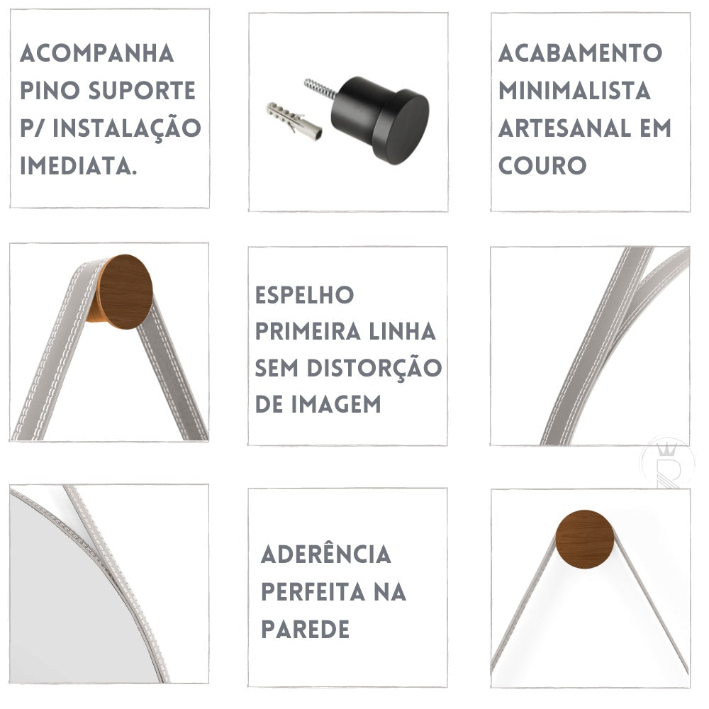 Espelho Moderno para Lavabo Alça em Couro 60cm com Suporte - Adnet