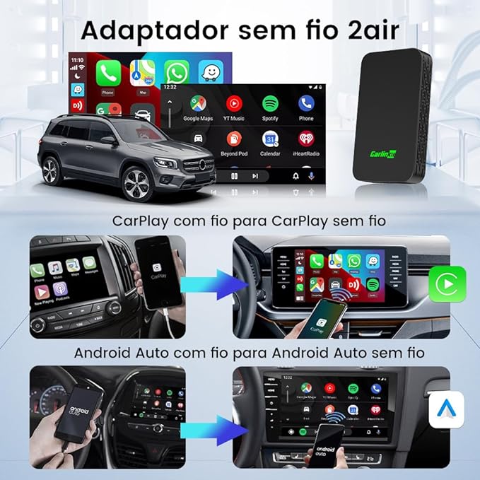 Adaptador CarlinKit 5.0 sem fio CarPlay e Android Auto
