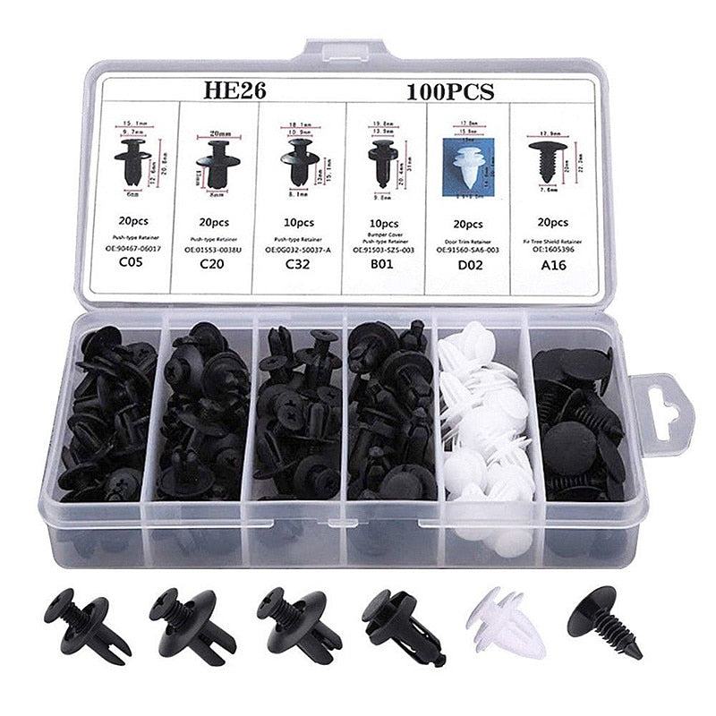 Conjunto Completo Fixador de Peças de Automóveis - 100 Peças (6 Tipos de Fixadores)