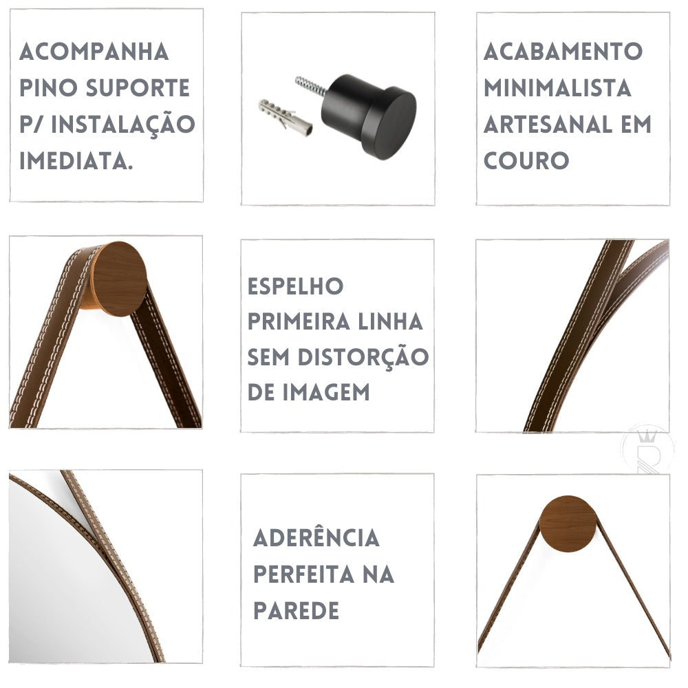 Espelho Moderno para Lavabo Alça em Couro 60cm com Suporte - Adnet