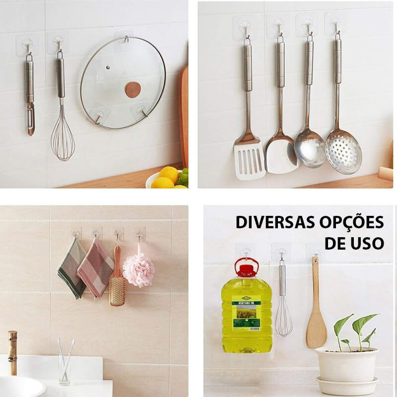 Kit Com 20 Ganchos de Parede Inox Adesivos - Dispensa Furações