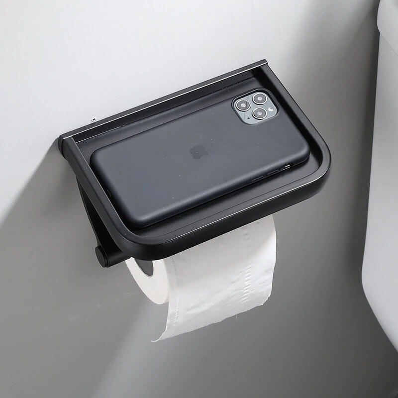 Porta Papel Higiênico Preto Com Suporte Para Celular - Em Inox