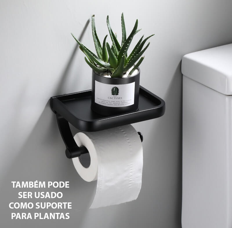 Porta Papel Higiênico Preto Com Suporte Para Celular - Em Inox