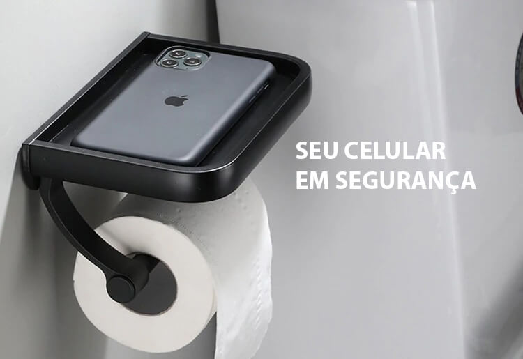 Porta Papel Higiênico Preto Com Suporte Para Celular - Em Inox
