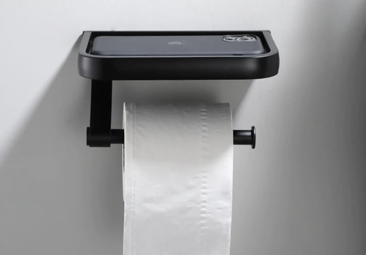 Porta Papel Higiênico Preto Com Suporte Para Celular - Em Inox