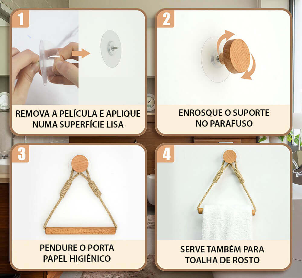 Porta Toalha de Rosto Rústico Corda  e Madeira - Vários Modelos